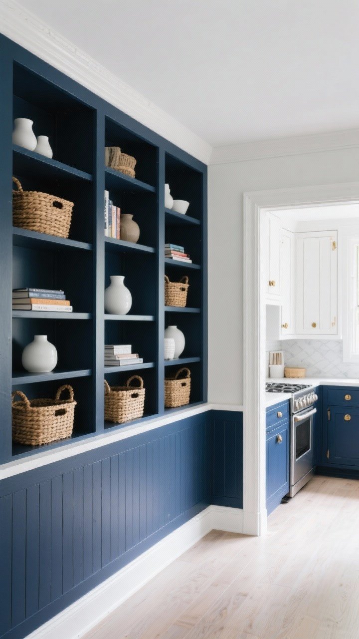 Wide room shot: Built-in bookcases painted matte navy with white trim, styled with rattan baskets and white ceramics; a single wall featuring navy board-and-batten wainscoting; adjoining two-tone kitchen glimpse with navy lower cabinets, white uppers, and brass hardware; clean, bright daylight emphasizing crisp contrast, photorealistic.