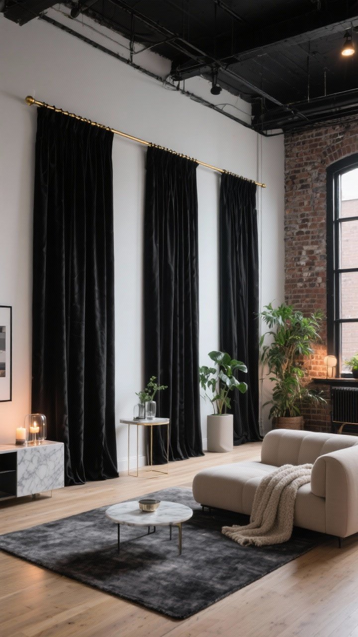 Wide room shot showcasing four cohesive style vignettes in one open-plan loft, each wall segment styled to match black curtain moods: - Modern Minimal: black linen panels, white walls, pale wood floors, charcoal rug; - Glam & Moody: black velvet drapes on a brass rod, marble side table, glass accents with candlelight glow; - Scandi Cozy: black sheers by an oatmeal sofa and bouclé throw, restrained palette; - Industrial Loft: matte blackout panels against exposed brick, black metal frames, lush green plants softening edges; evening ambient lighting to enhance contrast and mood.