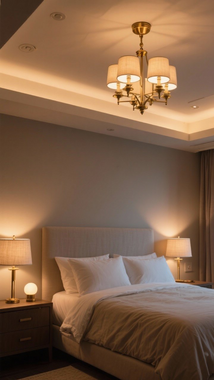 Wide shot: A bedroom lit with layered lighting—ambient chandelier with dimmer overhead, matching brass bedside lamps with linen drum shades at eye level, and a small accent lamp glowing on a dresser; warm bulbs at 2700K–3000K casting soft illumination across neutral bedding; balanced composition with lighting symmetry, evening mood, photorealistic.