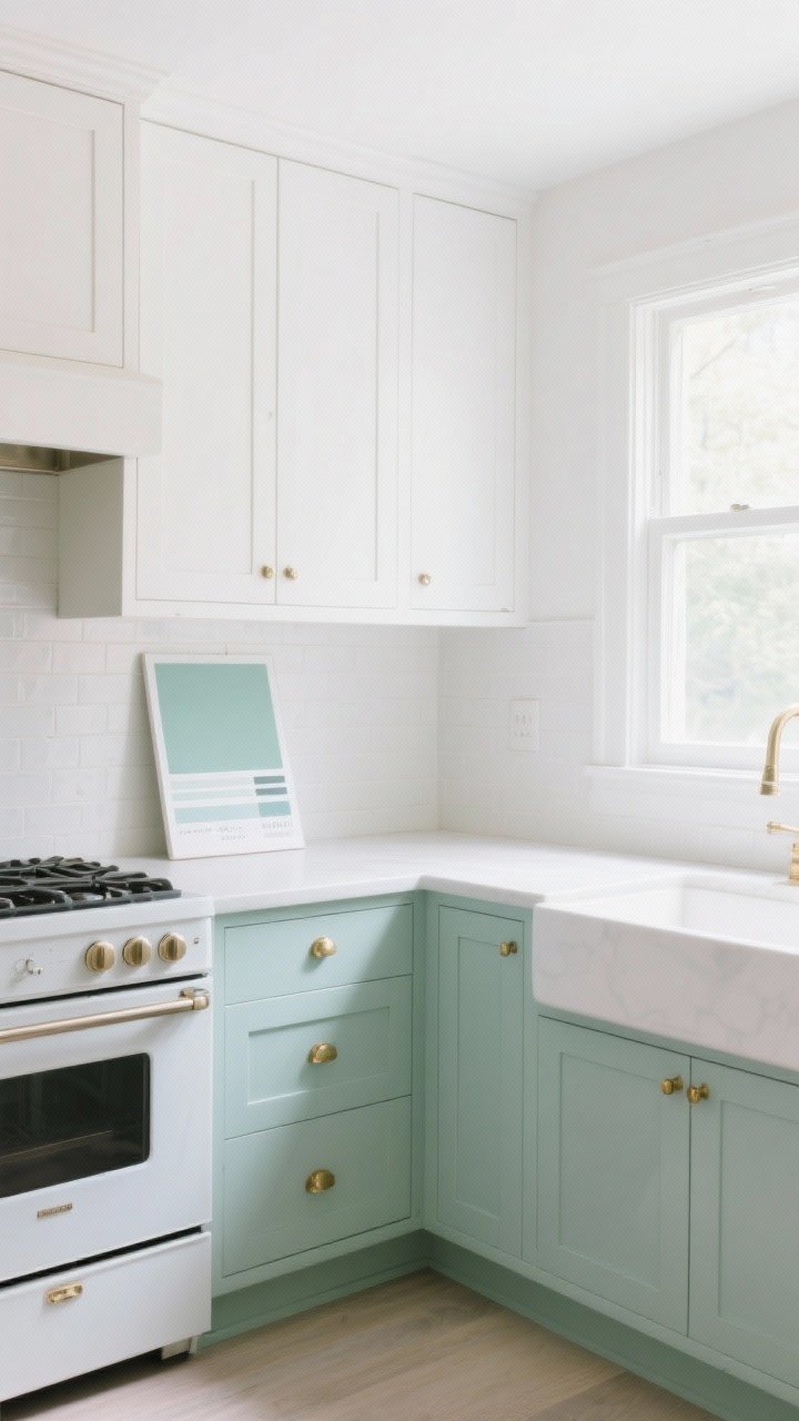 Wide shot: A bright, airy kitchen with pastel-painted lower cabinets in dusty mint, white upper cabinets, and brass hardware; satin or semi-gloss finish on the lowers catches soft morning light from a window. Clean white walls, light countertops, and a simple white range keep it fresh. Include a tester poster board painted in dusty mint leaning against the backsplash near the lowers, showing how the color reads in different light. Straight-on view, natural daylight, no people, photorealistic.