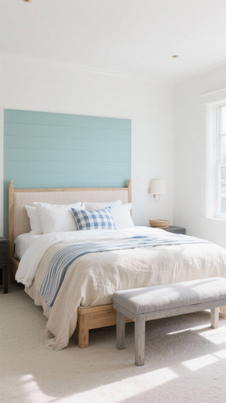 Wide shot: A calm coastal bedroom painted warm white with a single whispery blue-green accent wall behind the bed; low-contrast palette of soft blues, seafoam, sandy beige, crisp white, and driftwood gray; linen and cotton textiles layered in neutrals with subtle blue striped and small checked pillows; light oak/driftwood-gray bed frame and bench; avoid any dark furniture; sunlit space with gentle natural daylight filtering in, showcasing airy, open feel and spaciousness.