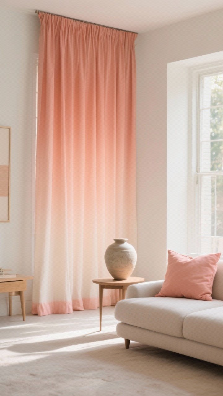 Wide shot: A clean, neutral living space with peach ombre curtain panels transitioning from pale peach at the top to a deeper tone near the hem, hung high to pull the eye up. Weighted hems keep the gradient straight and crisp. Soft afternoon light enhances the gradient; repeat peach in throw pillows and a ceramic vase on a side table for cohesion. Photorealistic, soft statement mood.