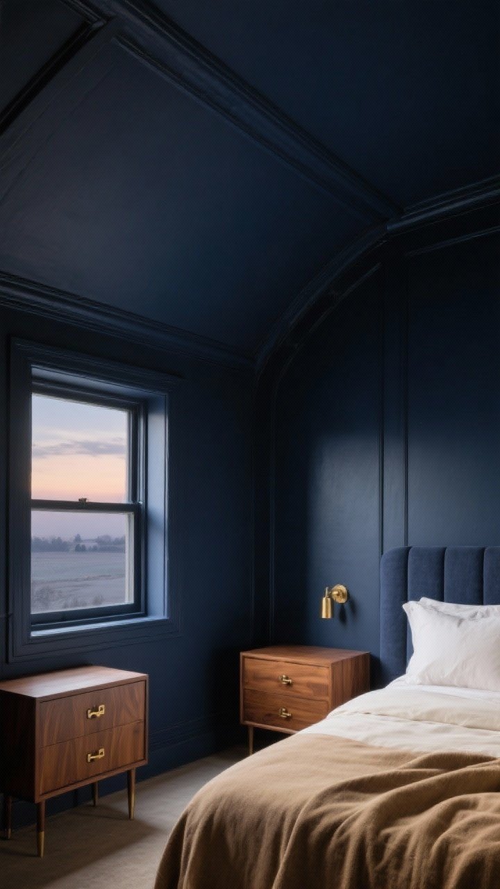 Wide shot: A cocoon-like bedroom fully wrapped in midnight navy paint, including the ceiling, with matte or eggshell walls and a subtle satin sheen on the trim; warm wood nightstands, brass hardware on drawers, and cream/camel textiles soften the deep indigo tones; soft evening light from a window shows how the color shifts from inky to moody charcoal, creating an intimate, calm atmosphere perfect for sleep.