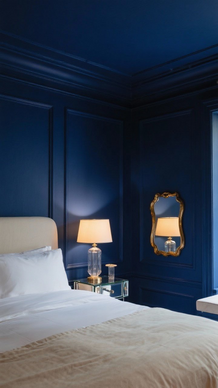 Wide shot: A full-navy cocoon bedroom with walls, trim, and ceiling painted the same deep inky indigo; light bedding layered in crisp white and cream, reflective accents like a brass-framed mirror and glass bedside lamp, matte finish on walls for a luxe feel; night lighting with warm lamps switched on to show how the navy shifts after sunset; boutique-hotel vibe with minimal clutter, soft shadows, and a cozy, enveloping mood.
