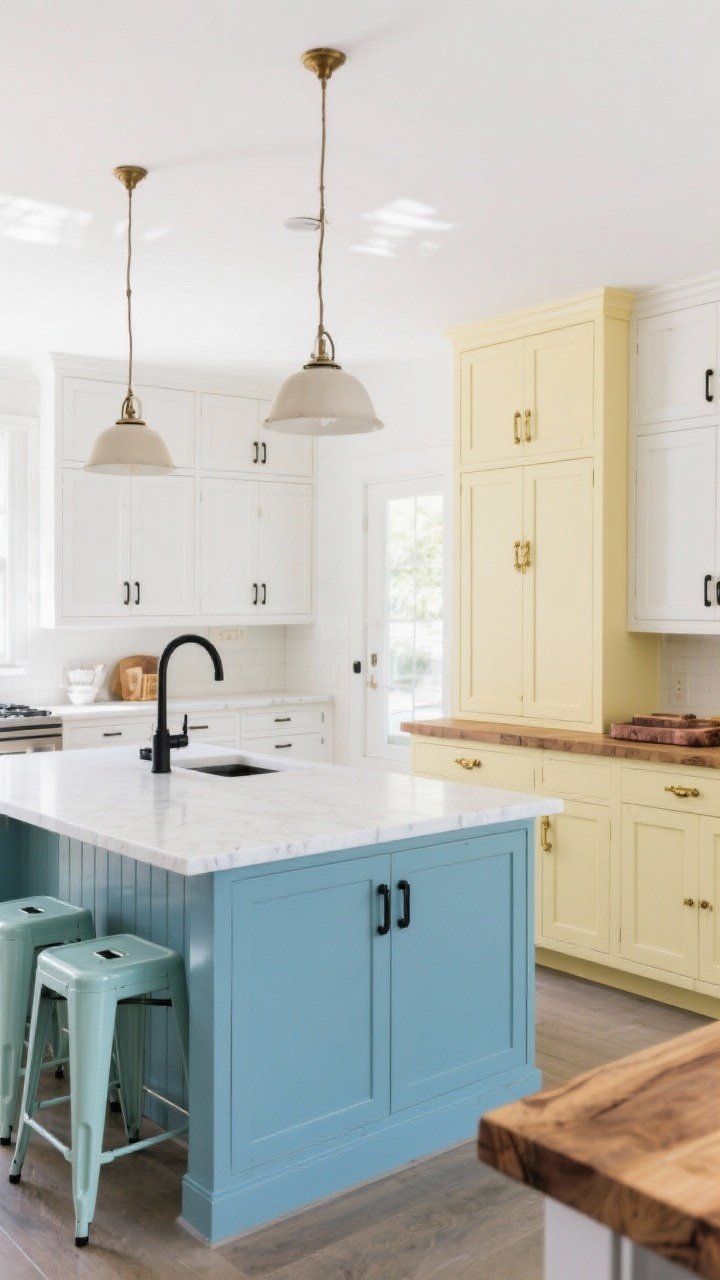 Wide shot: A kitchen with a two-tone island moment—powder blue island base with a crisp white quartz countertop, matte black pulls for a modern vibe; perimeter cabinets remain neutral white. Add a secondary scene within the same image: a classic option on the far side with a pale yellow island panel featuring unlacquered brass hardware and butcher block top. Include pastel metal stools tucked under the island for a playful echo. Overhead pendants neutral; room bathed in bright daytime light, photorealistic.