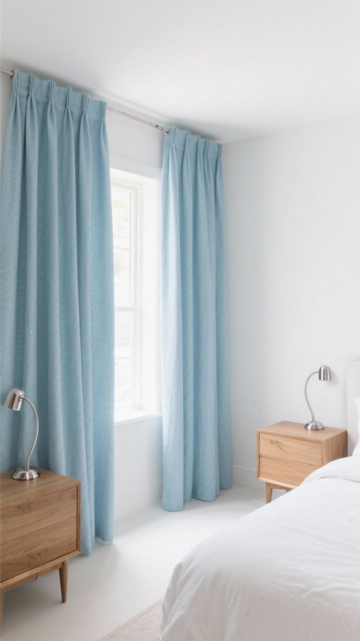 Wide shot: A minimalist bedroom with crisp white walls, natural oak nightstands, and powder blue blackout curtains in a matte fabric for a non-shiny finish. The curtains are drawn, dimming the space to a restful, glare-free ambiance appropriate for sleep, with chrome curtain rings and nickel finials. Clean, coastal-calm palette, photorealistic.