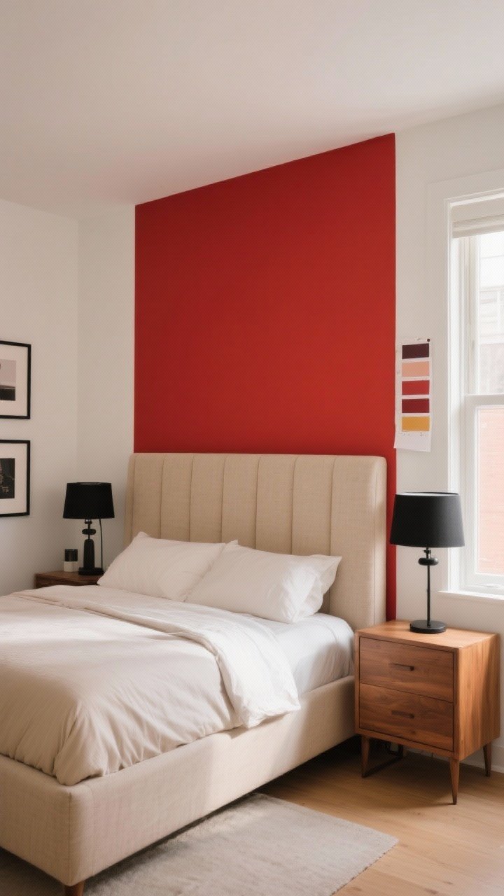 Wide shot: A modern bedroom with a single saturated red accent wall behind the bed (choose crimson/ruby in a larger space), the other walls in warm white, matte finish paint for low reflection. A tall upholstered linen headboard in soft beige, neutral bedding, black-accent lamp bases and black picture frames, warm natural light from a side window. Include wood nightstands; show paint swatches taped to the wall by the window to imply day/night testing. Mood: bold but balanced.
