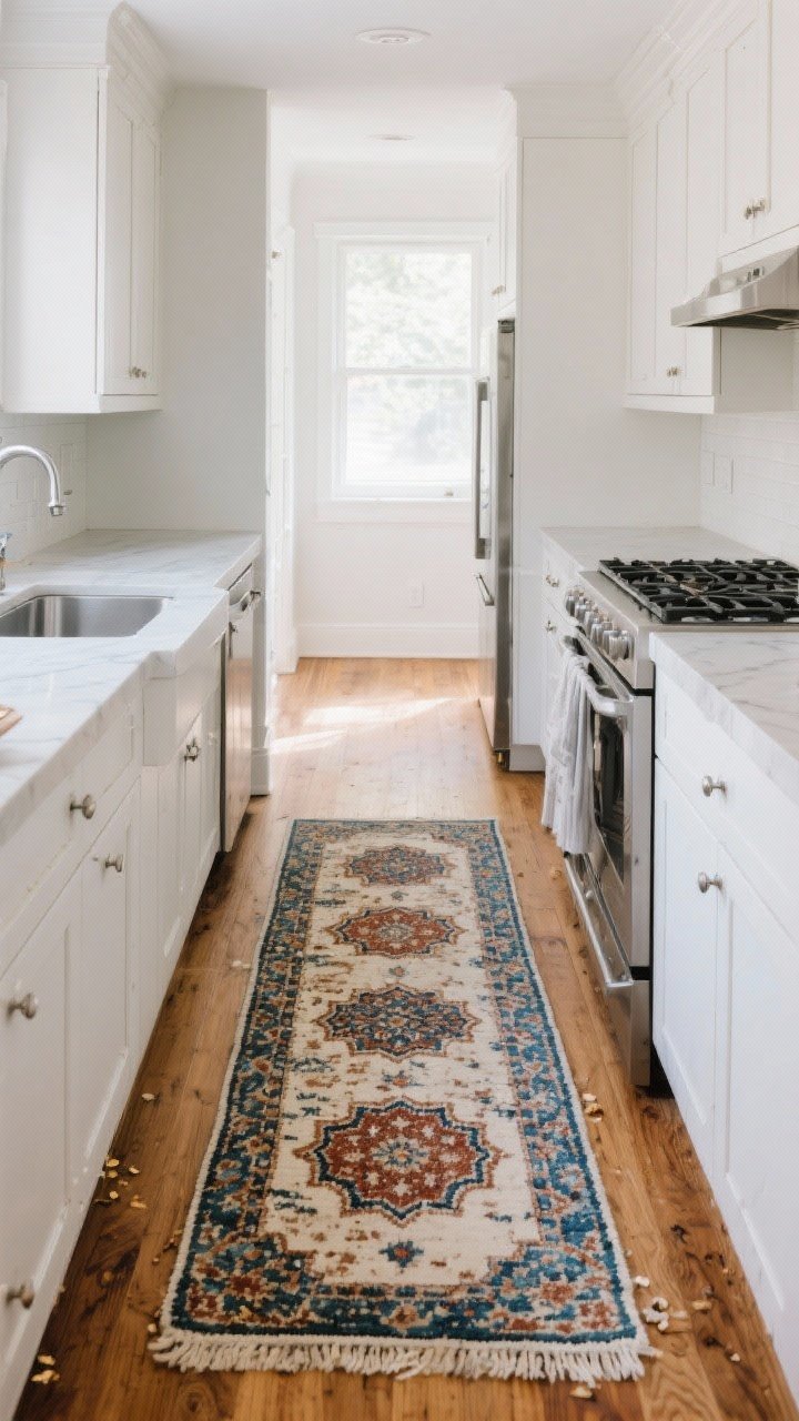 Wide shot: A modern galley kitchen with white shaker cabinets and a stainless-steel sink–stove–fridge lineup, featuring a long statement runner centered between the island and cabinets; the runner is vintage-inspired with distressed Persian-style medallions in mid-tone rust, indigo, and faded ivory, low-pile polypropylene with subtle wear that hides crumbs; 2–4 inches of warm oak floor visible on each side for a tailored look; soft morning natural light from a window, no people, photorealistic; add a thin non-slip pad edge just barely visible at one corner for realism.