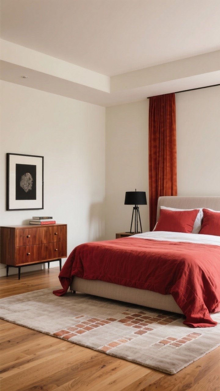 Wide shot: A serene bedroom composed with the 60/30/10 rule—60% warm neutrals (cream walls, light taupe rug, natural oak floor), 30% red elements (rust curtains, cranberry duvet, brick-toned area rug), 10% accents (black metal lamp, black-framed art, a few styled books). Include a walnut dresser to emphasize red + natural wood, and subtle black touches for contrast. Even, warm lighting; sophisticated, hotel-like vibe.