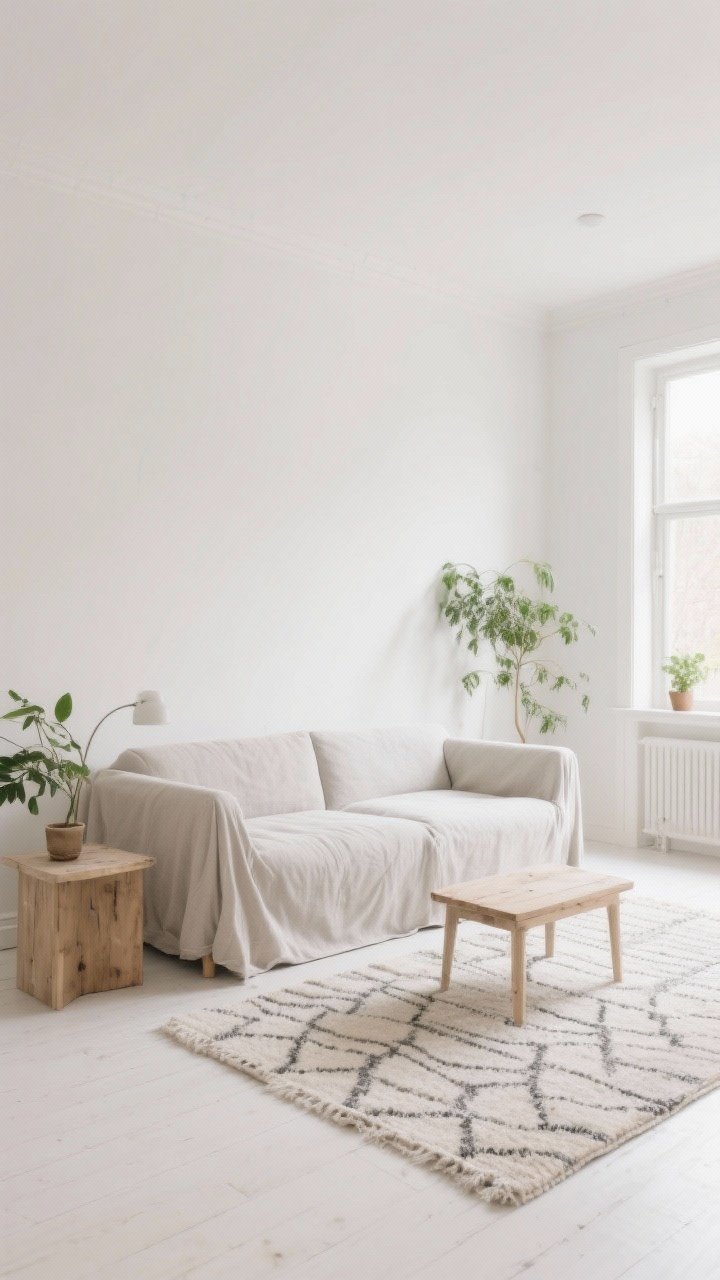 Wide shot: A serene Scandinavian living room with warm white walls and a light greige undertone, a neutral linen slipcovered sofa with clean lines, and a flatweave low-pile rug in a subtle, simple pattern anchoring the space. Soft whites, warm beiges, and gentle greys throughout. Natural daylight washes in, making the room feel bigger and brighter. Include a modest thrifted light-wood side table and a few green plants for contrast. Photorealistic, straight-on view, airy and minimal.