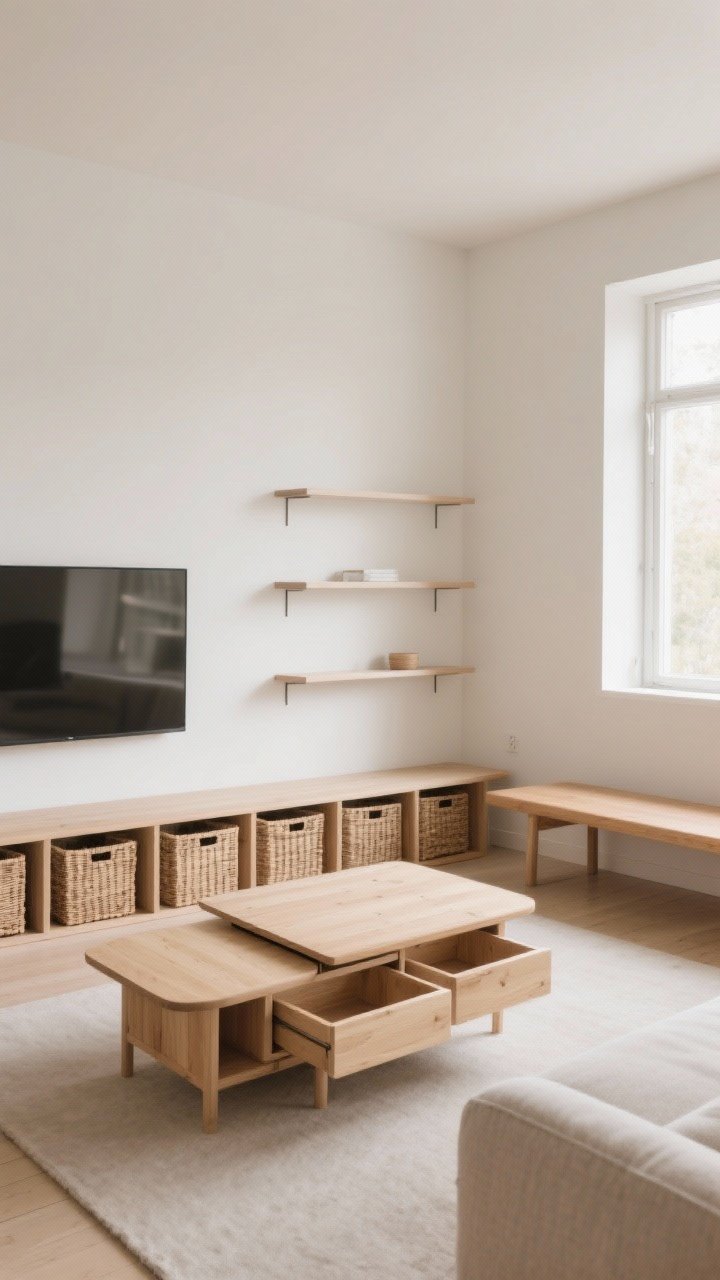 Wide shot: A smart, minimal Scandinavian living room layout with multipurpose storage—a light-wood lift-top storage coffee table, a set of nesting tables partially pulled out, slim floating wall shelves, and a bench with matching woven baskets neatly aligned below. Materials are consistent (similar-tone baskets) for an intentional look. Neutral palette, compact silhouettes, clutter-free surfaces. Corner angle, photorealistic, soft afternoon light.