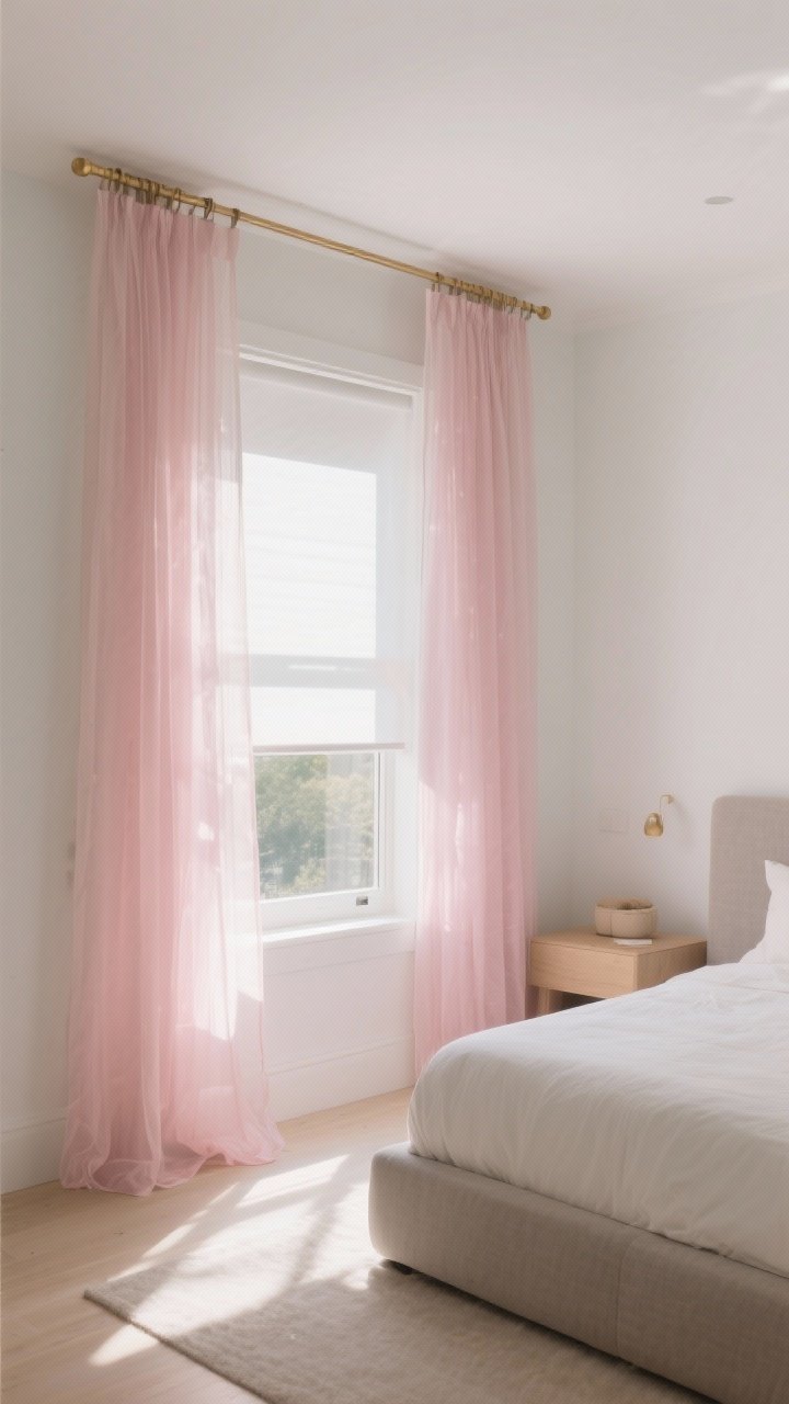 Wide shot: A sunlit bedroom with white walls and neutral furnishings, featuring blush pink sheer curtains hung close to the ceiling on simple brass rods, gently kissing the floor. The morning light filters through into a soft rosy glow that warms beige and gray tones, with a white blackout roller shade barely visible behind the sheers. Photorealistic, airy atmosphere, no people.
