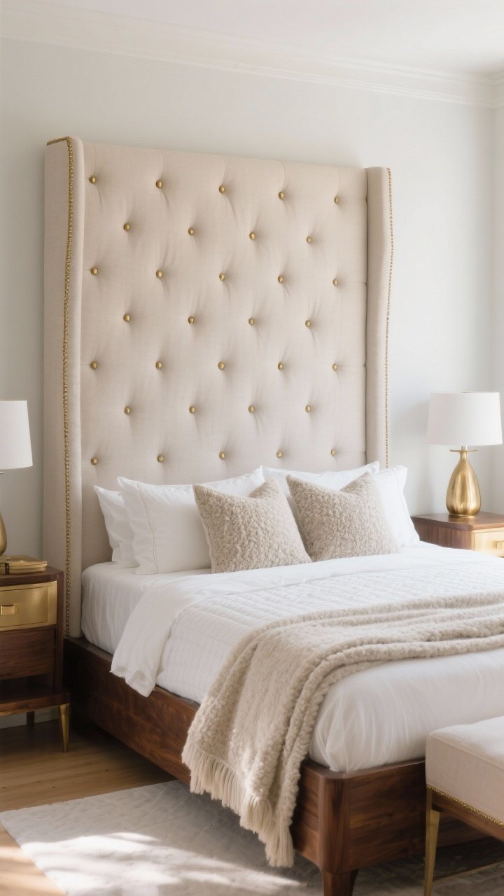 Wide shot: An elegant bedroom centered on a tall, upholstered, tufted headboard in neutral linen with subtle brass nailhead trim; crisp white sheets, a lightweight quilt, and a folded duvet layered at the foot; 2 sleeping pillows plus 2 decorative pillows, finished with a textured bouclé throw in a complementary tone; mixed finishes with a walnut bed frame and brass-accent nightstands; soft morning light, no clutter, photorealistic.