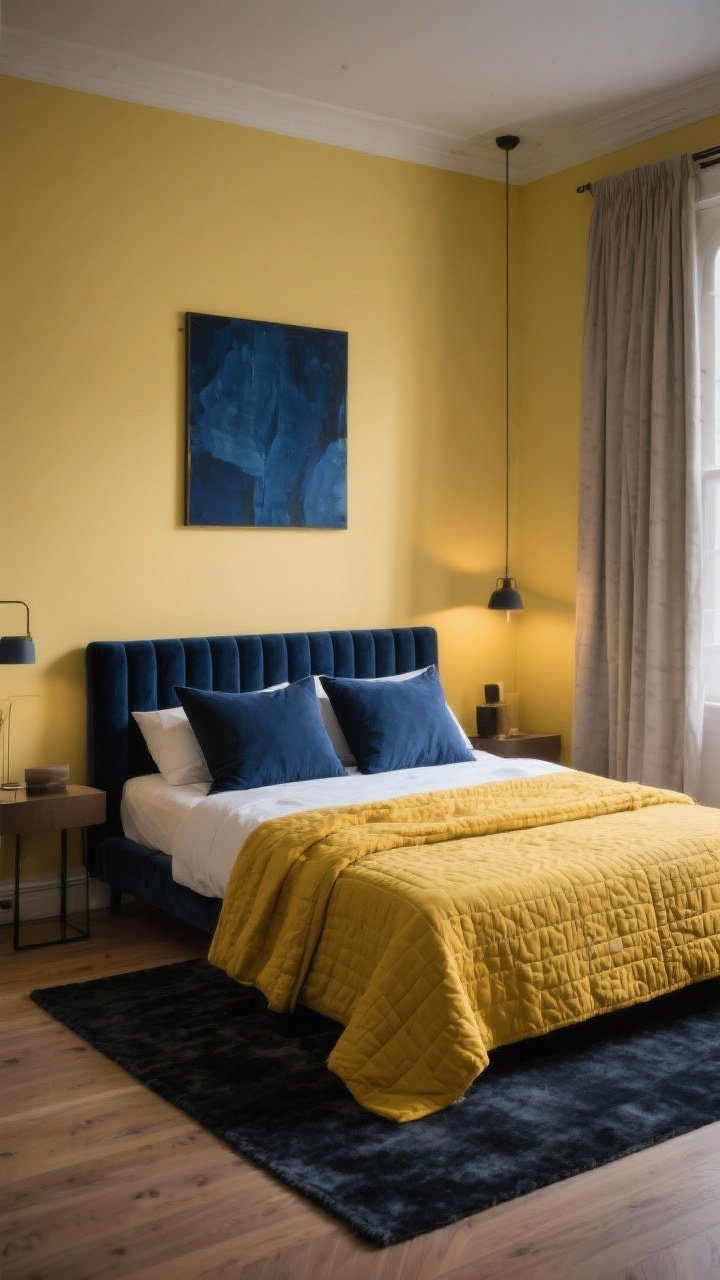 Wide shot balancing yellow with moody contrast: pale yellow walls set against a navy velvet headboard; a charcoal rug grounding the space beneath the bed; yellow quilt folded at the foot; indigo artwork above the headboard and ink-blue Euro shams for polish; neutral curtains and light wood floors; evening ambient light with soft shadows for a chic, sophisticated mood; photorealistic, no people.