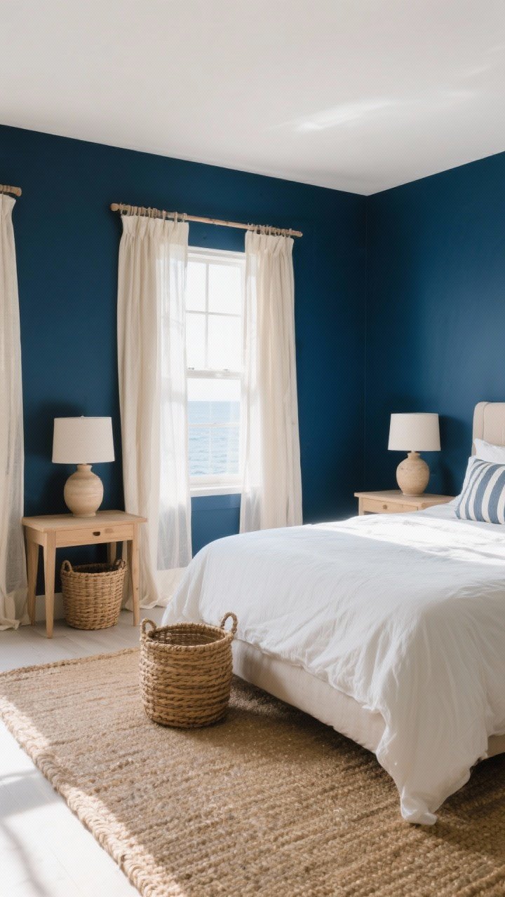 Wide shot: Coastal-but-not-corny bedroom with dark blue walls balanced by airy neutrals—large natural jute rug under the bed, sheer white/oatmeal linen curtains filtering daylight, woven baskets, ceramic lamps in sandy tones on light wood side tables, and a subtle striped throw pillow; bright, fresh daytime lighting with natural textures softening the moody blue.