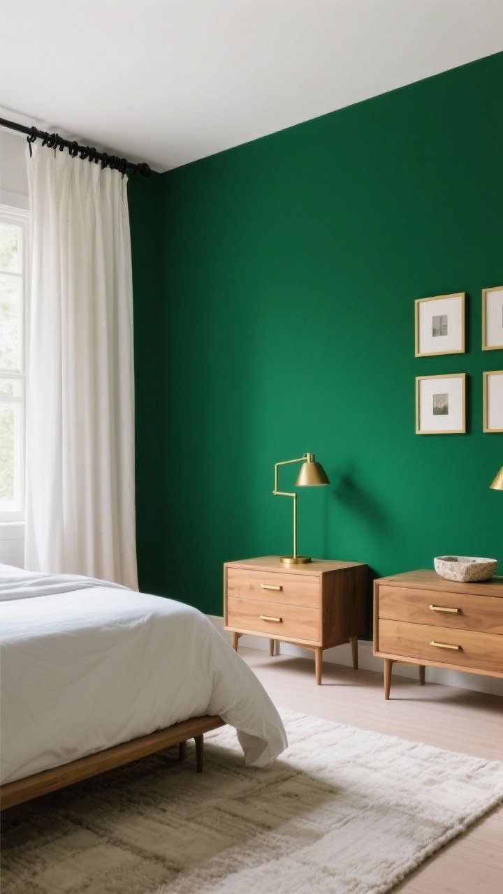 Wide shot: Contrast-driven green bedroom—forest green accent wall, warm white curtains, light neutral rug; brass bedside lamps and thin brass picture frames, matte black curtain rod and drawer pulls, natural wood nightstands, and a small travertine catchall on the dresser; restrained, airy base so green accents sing. Photorealistic, corner perspective, balanced daylight.