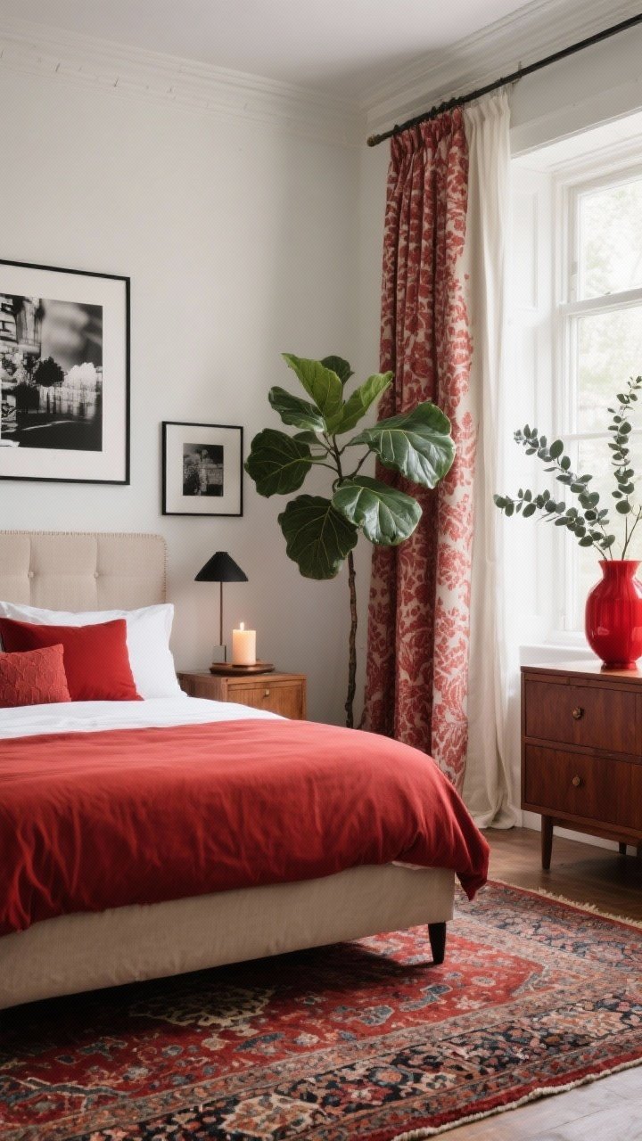 Wide shot: Curated finishing touches. A bedroom anchored by a Persian rug featuring hints of red; bedding and pillows coordinated to pull those tones. Neutral linen curtains if the bedding is red; alternatively, muted red patterned drapes if bedding is simple (choose one and show it clearly). Black-and-white photos on the wall near a red-accent accessory on a dresser. Add greenery—a fiddle-leaf fig by the window and eucalyptus stems in a vase. A cedar/sandalwood candle on the nightstand. Natural daylight with a cozy, boutique-hotel mood.