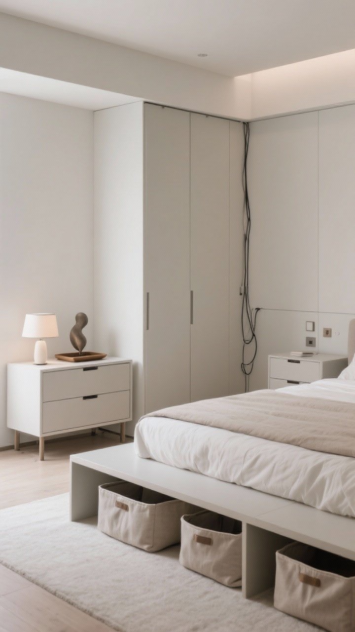 Wide shot from a corner angle: A calm bedroom showcasing storage that blends in—bedside tables with drawers, a clean-lined dresser with minimal styling (single lamp, tray, one sculptural object), soft fabric under-bed bins partially visible under a platform bed, and closed wardrobes that read as custom; cables hidden with no visible wires, overall orderly elegance, photorealistic.