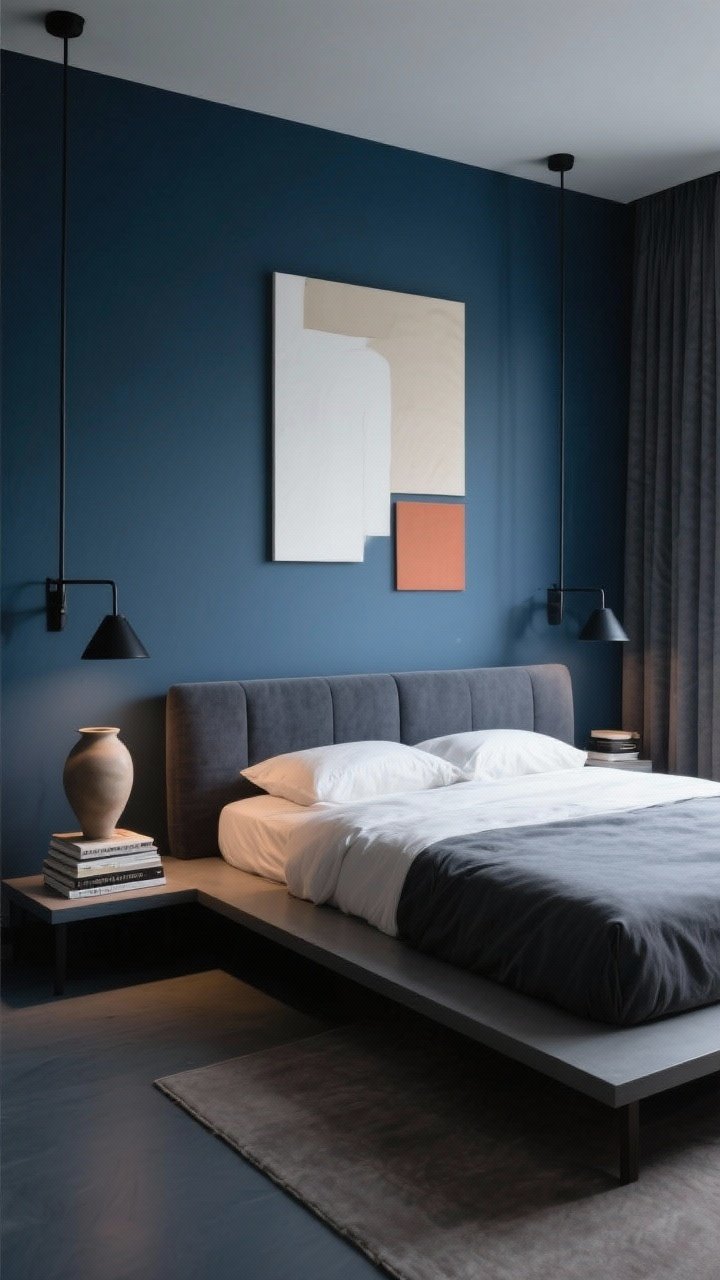 Wide shot: Moody modern bedroom with deep blue walls, a low-profile platform bed featuring a simple charcoal upholstered headboard, matte black reading lights and curtain rods, and oversized minimal art with white, beige, and a hint of terracotta spaced on the wall; negative space, clean lines, and clutter-free surfaces with just one sculptural vase and a neat stack of books; soft, controlled ambient lighting.