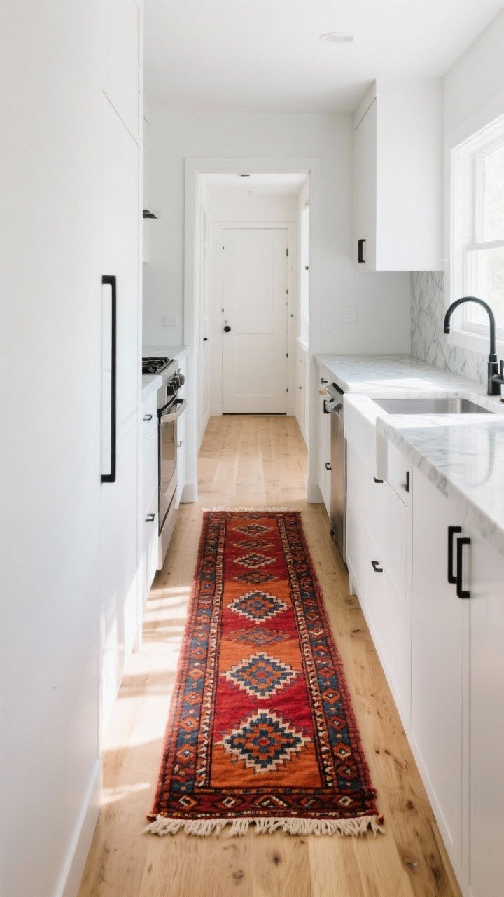 Wide shot of a bright, minimal kitchen with a slim, low-pile patterned runner creating a visual path through a galley layout. Use a Moroccan/kilim-inspired print in earthy reds, terracotta, and indigo with non-slip backing, on pale oak floors. White cabinetry and quartz counters keep it calm; black matte hardware. The runner elongates the space; perspective from the entry looking down the kitchen. Natural daylight, crisp shadows, crumbs subtly hidden by pattern realism.