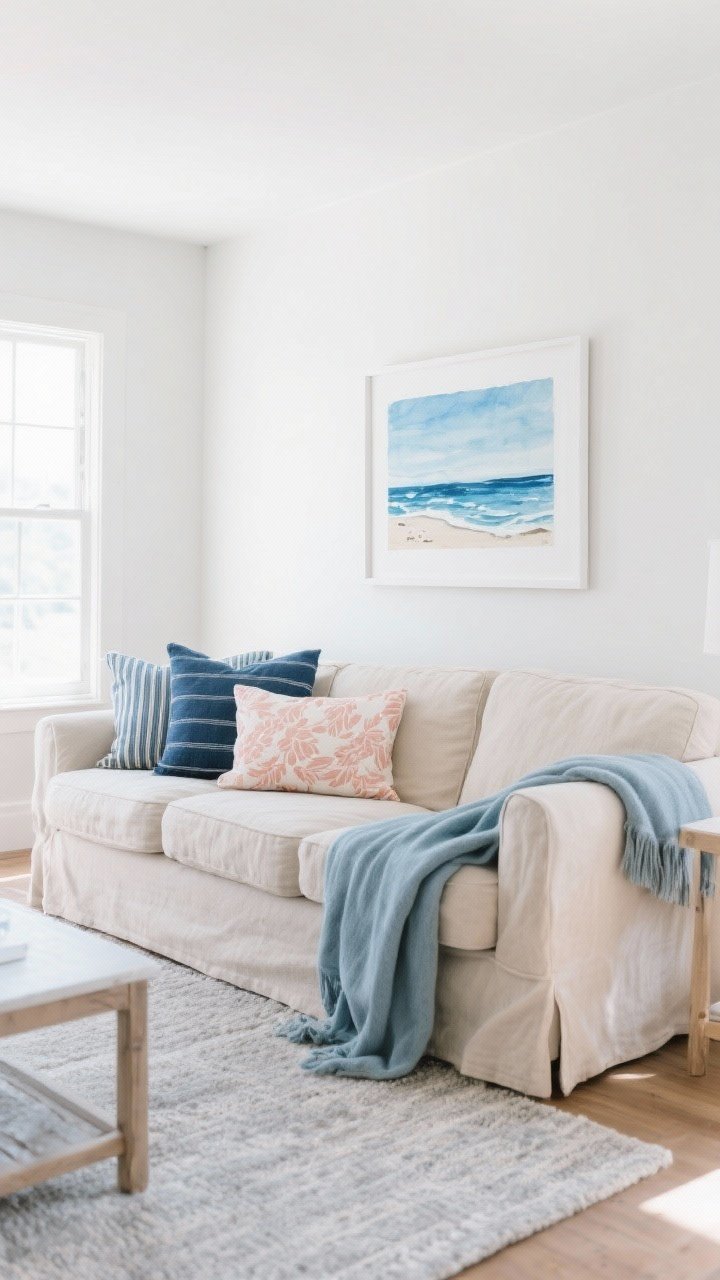 Wide shot of a coastal living room with a calm neutral base: soft white walls, sandy beige linen sofa, gentle gray area rug; add pops of sea-inspired color through accents—mix of pillows including solid navy, striped blue, and a subtle coral-print pillow; lightweight cotton/linen throw in muted blue draped over the sofa arm; simple beachy art print or DIY-style watercolor in coastal blues above the sofa in a crisp white frame; bright natural daylight streaming in for an airy feel; no people, photorealistic, straight-on perspective.