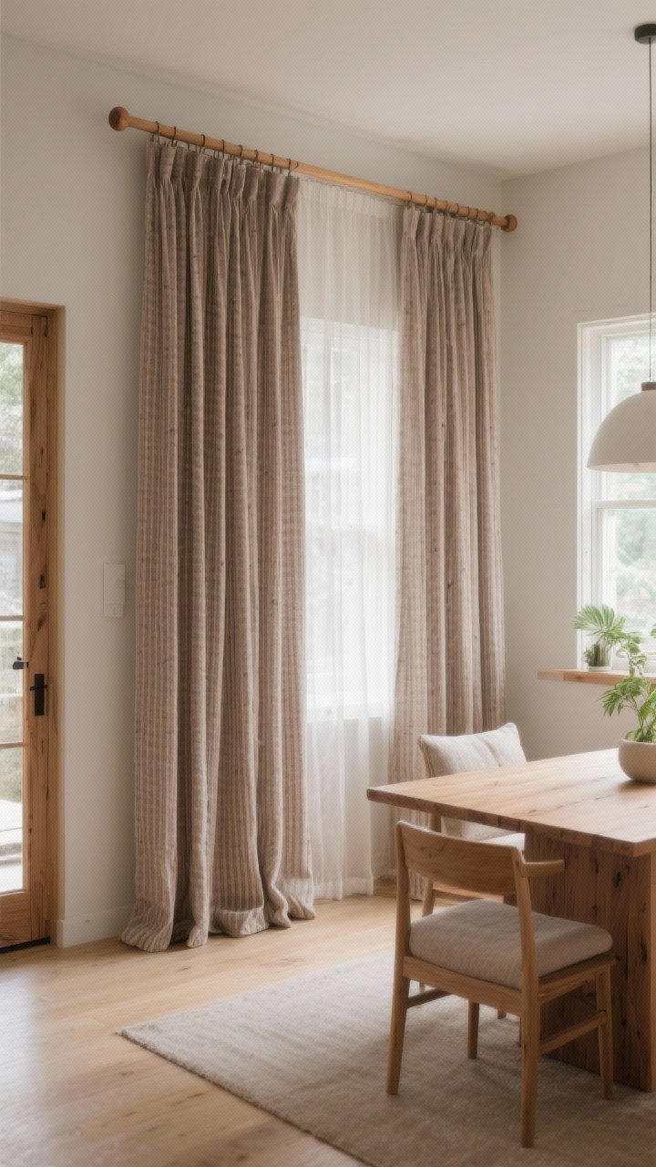 Wide shot of a dining nook styled with intent: floor-length taupe pinstripe curtains skimming the floor (no puddle), hung on a natural wood rod with minimal finials; panels at about 2x window width for full, luxurious drape; weighted hems on sheers visible in an adjacent doorway; balanced Japandi room with natural wood table, low-profile furniture, soft textiles, and a touch of greenery; soft daylight, straight-on composition emphasizing symmetry and calm.