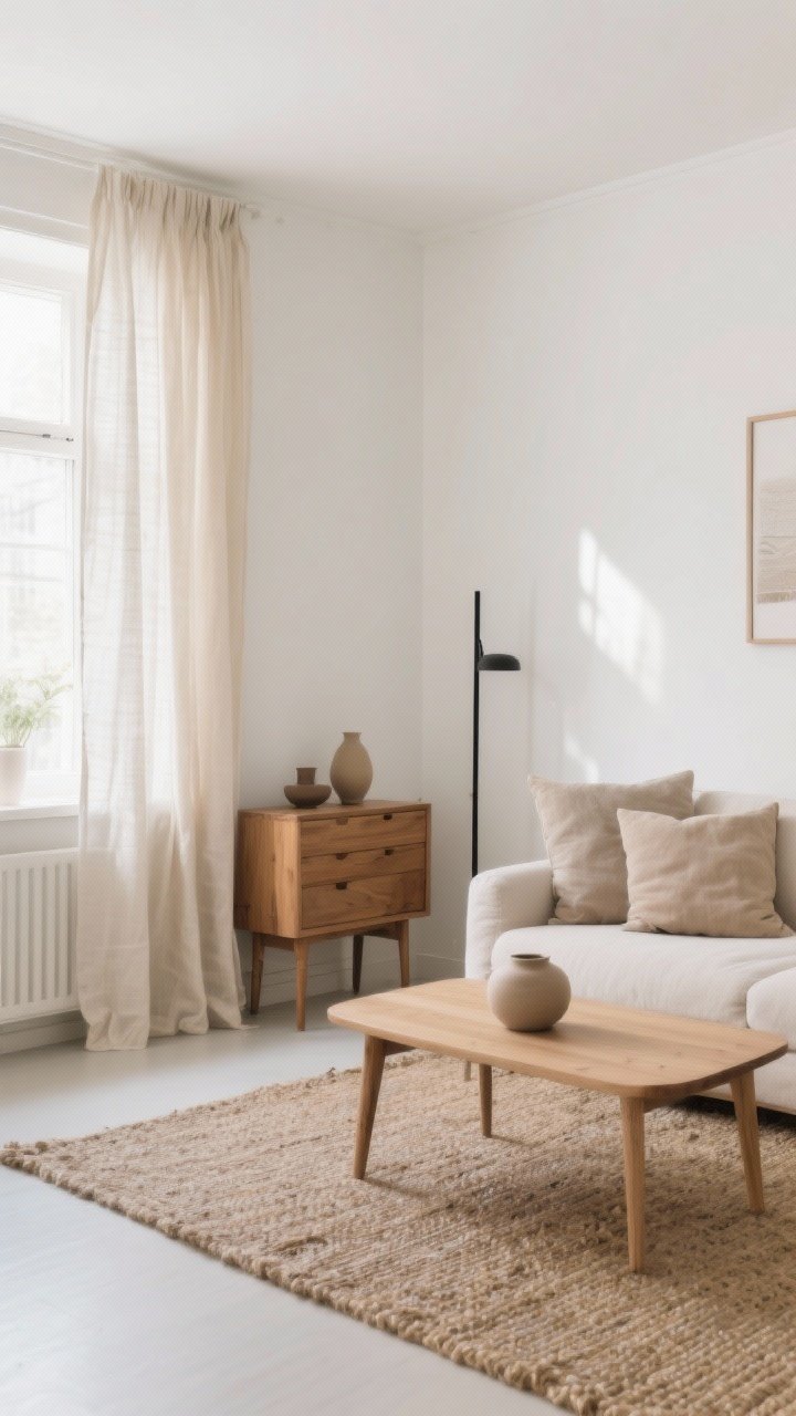 Wide shot of a serene Scandinavian living room with warm neutrals: walls in soft white, oatmeal linen curtains with a sheer ecru underlayer softly glowing in afternoon light; oak furniture, jute rug, and black accent rod for gentle contrast; color story includes oat, mushroom, and putty in pillows and ceramics; mood is cozy yet minimal, emphasizing warmth beyond pure white