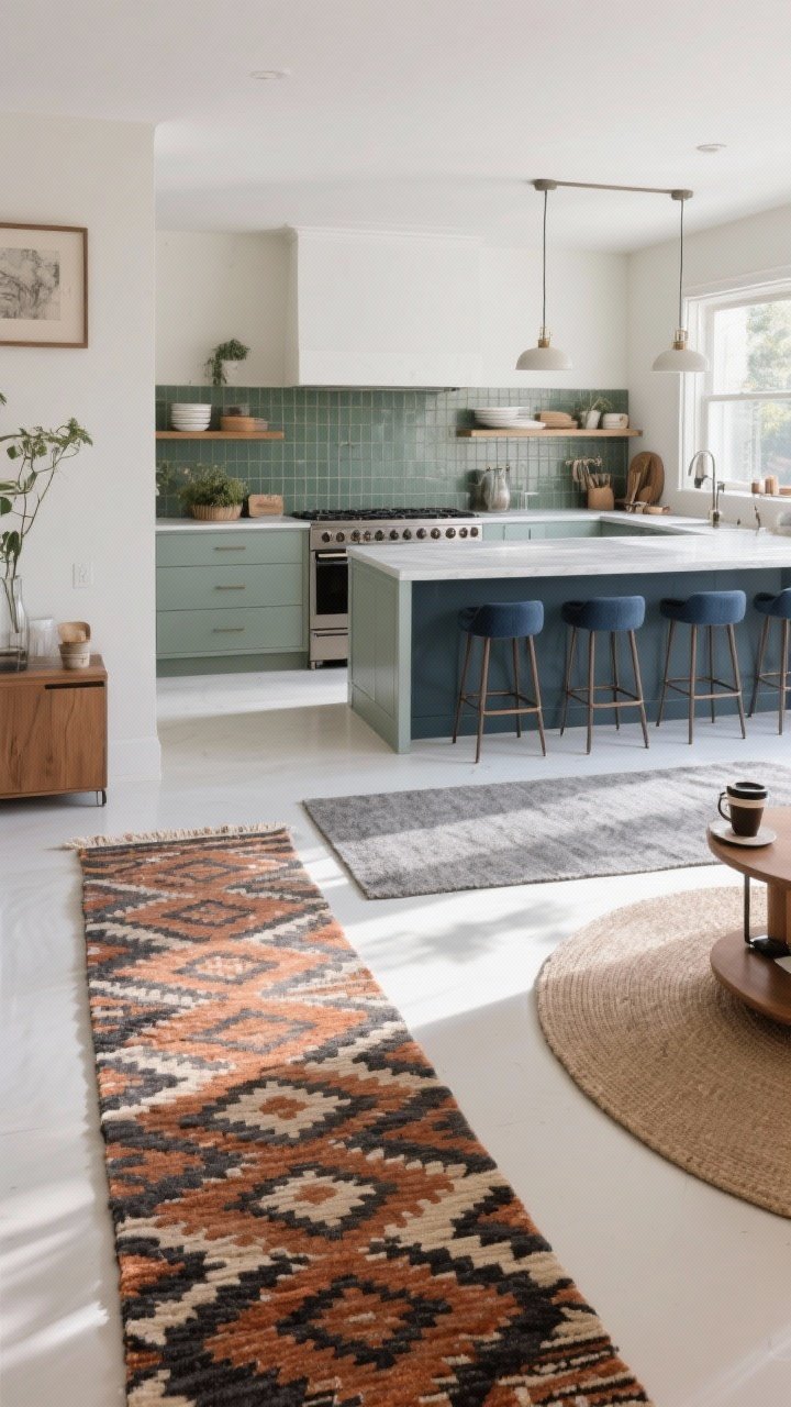 Wide shot, open-plan kitchen: Multiple rugs defining zones— a runner with a larger-scale geometric pattern in muted terracotta and charcoal anchoring the stove area, a tighter-weave flatweave in soft gray at the sink, and a small round rug by a coffee station; related colors pulling navy from bar stools and a hint of sage from the backsplash; clear walking paths between rugs to avoid a patchwork feel; consistent low-pile textures; natural afternoon light, photorealistic, curated not chaotic.
