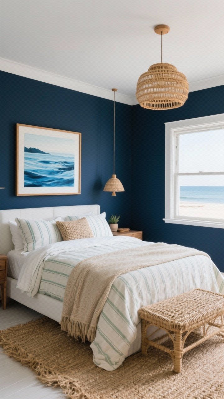 Wide shot: Sophisticated coastal bedroom with navy walls, creamy linen bedding, woven textures, and art featuring watery blue tones; subtle pinstripe duvet or ticking-stripe shams, rattan pendant lights, seagrass rug, warm white trim (not stark); oak frames on landscape or abstract blue artwork; tight palette of navy, sand, white, and a hint of soft sage; bright, airy natural light for an elevated beachy calm.