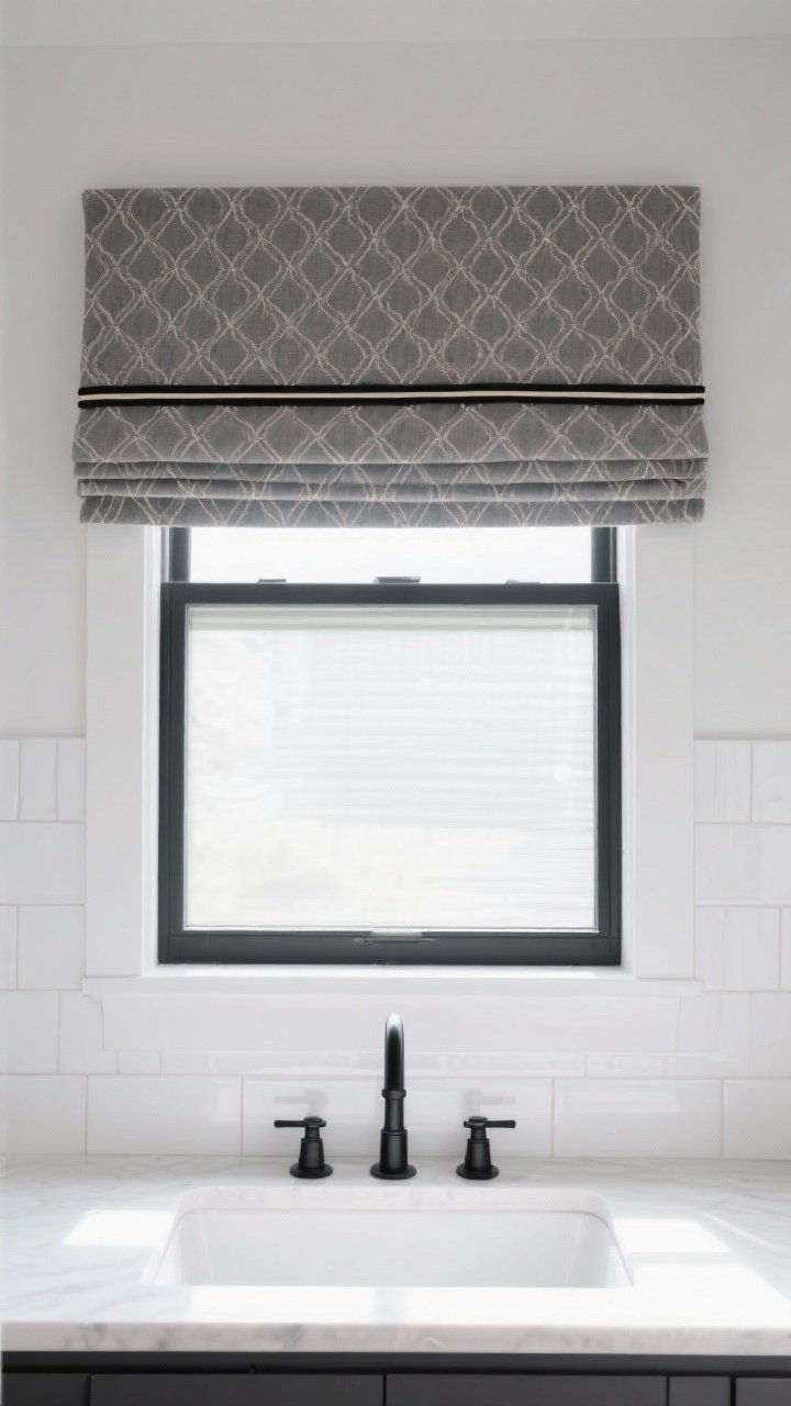 Wide shot, straight-on of a sink wall with a tailored valance above the window: flat-front or box-pleat valance in a solid or geometric print, short drop just framing the top of the window; discreet roller shade or sheer panel behind for added privacy; add a contrasting border or piping along the valance edge for a modern designer finish; clean white tile backsplash, black hardware for contrast; bright daylight, polished yet contemporary feel, photorealistic, no people.