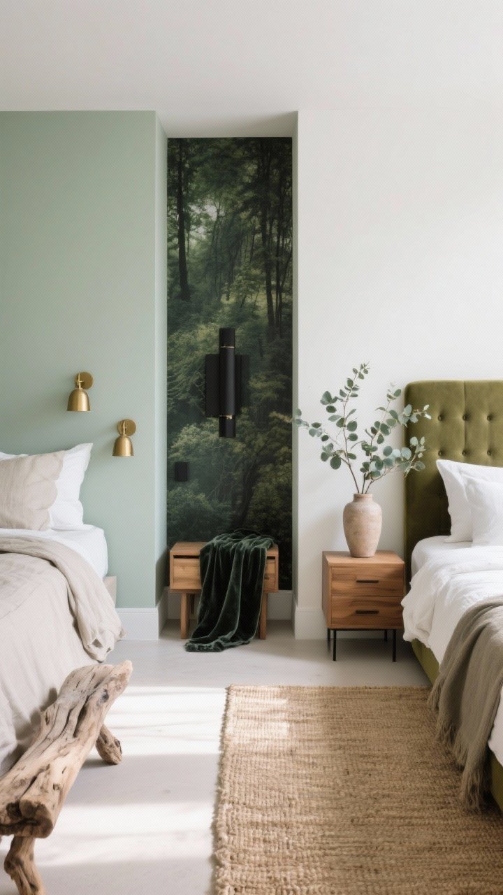 Wide shot: Three quick room recipes in one cohesive scene via styled zones—left zone Calm Coastal: pale sage walls, linen bedding, driftwood-toned bench, brass sconces; center zone Modern Moody: forest walls, matte black hardware, oak nightstands, velvet throw; right zone Organic Minimal: white walls, olive upholstered headboard, jute rug, eucalyptus stems in a vase. Photorealistic, overhead-leaning elevated corner view, even natural light.