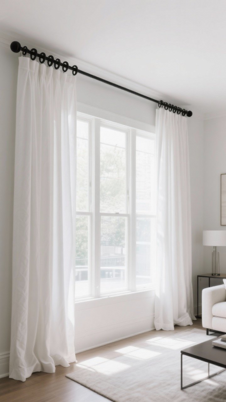 Wide straight-on room shot: A living room with white curtains hung close to the ceiling on an extended rod that projects 10 inches past each side of a large window, making the opening feel bigger and the ceiling higher; panels “kissing the floor” with a slight 1–2 inch break; a chunky matte black curtain rod with rings and clips for a tailored drop; balanced natural daylight; modern furnishings kept minimal to accentuate the window scale; luxe, airy mood without people.