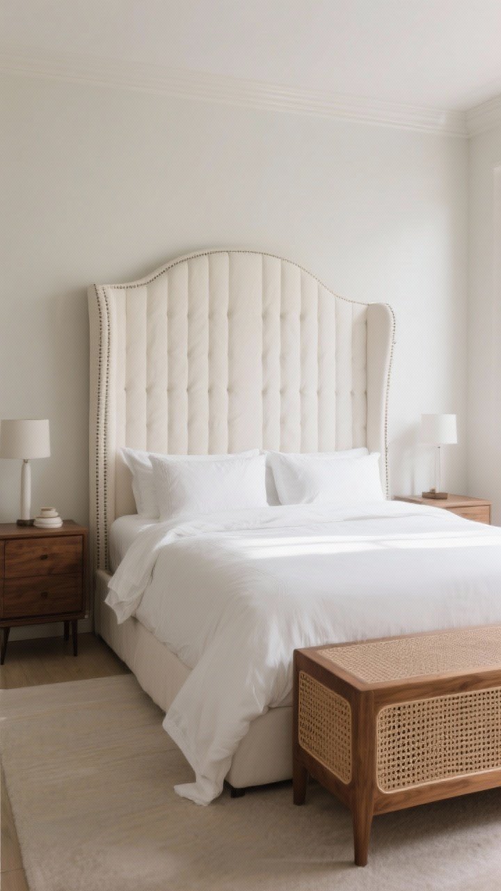 Wide, straight-on shot of a classy bedroom centered on a tall statement headboard: an upholstered, channel-tufted wingback headboard in ivory linen reaching near the midpoint of the wall, creating height and a clear focal point. Pair with crisp white bedding, walnut nightstands, and minimal decor to feel intentional and grown-up. Include optional variation: a second scene variation with a woven cane or warm oak wood headboard for organic warmth. Soft morning light, neutral palette, no people, photorealistic.