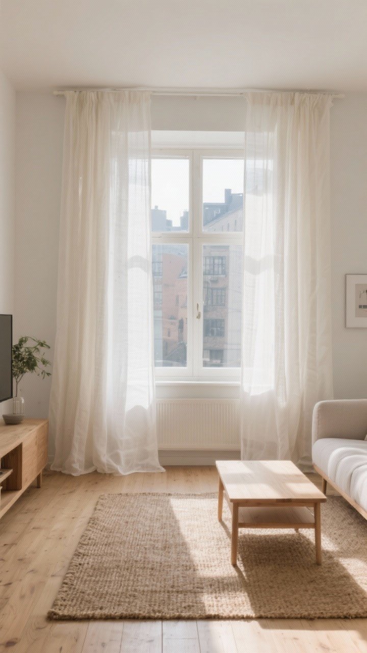 Wide, straight-on shot of a Scandinavian living room flooded with natural daylight, featuring sheer white and off-white linen-blend and voile curtains hung extra high and wide to make the windows appear taller and fuller; soft ecru tones, cotton gauze texture visible as light diffuses through, gently obscuring an imperfect urban view; pale neutral walls, light oak floors, minimal oak furniture, jute rug, and a calm, airy atmosphere with no night layers visible