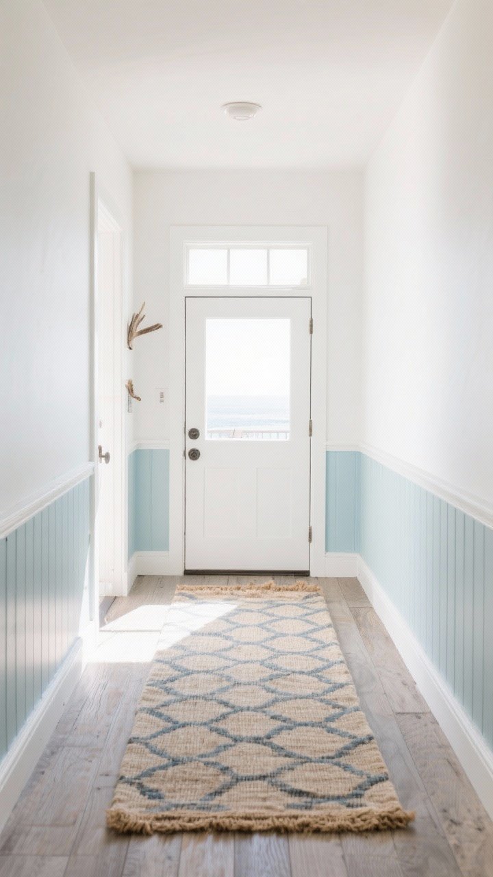 Wide, straight-on view of a bright coastal entryway with light, airy walls painted in crisp white with a whisper of pale blue on the lower half below a simple chair rail, eggshell finish; soft beach-inspired flooring featuring a layered setup: a durable jute runner topped with a washable patterned rug in blue-gray and sand tones; palette of sand, oat, driftwood, and blue-gray; natural morning light flooding in, no people, photorealistic, calm and breezy boardwalk vibe.
