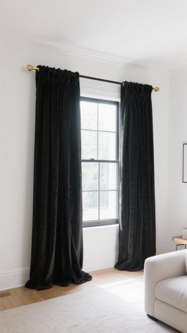 Wide straight-on view of a living room window treatment demonstrating optimal hanging: matte black curtains mounted 10 inches above the frame, rod extended 10 inches past each side so panels stack off the glass; panels “kiss” the floor with a 1–2 inch gentle puddle; sturdy matte black or brass rod with robust brackets; bright natural daylight floods in from the unobstructed window, making the room feel taller and the window larger; clean white walls, minimal decor to emphasize height trick.