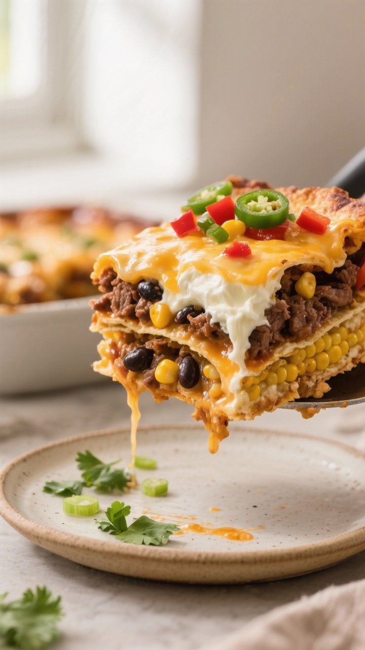 Close-up detail: A bubbling slice of Million Dollar Tex-Mex Casserole just lifted from the pan, show