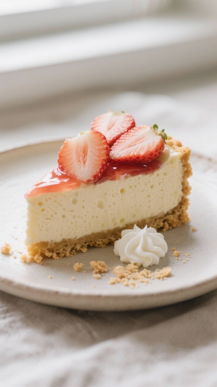 Close-up detail: A creamy slice of no-bake strawberry shortcake cheesecake just after unmolding, sho