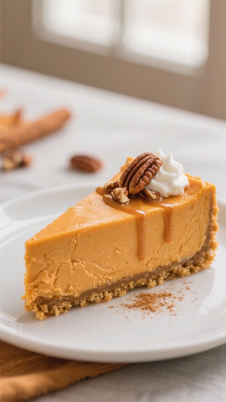 Close-up detail: A flawless slice of Pumpkin Spice Cheesecake just after chilling, creamy pumpkin-or