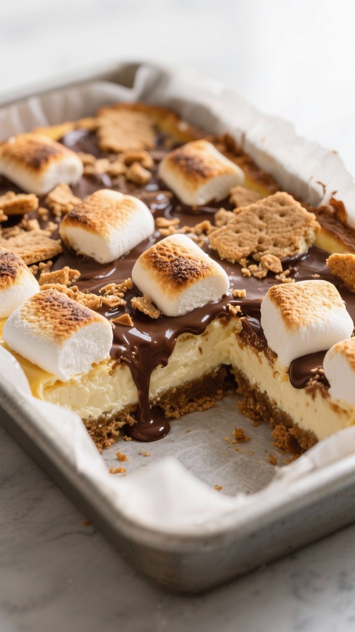 Close-up detail: A just-broiled pan of S’mores Cheesecake Bars in an 8-inch square pan lined with 