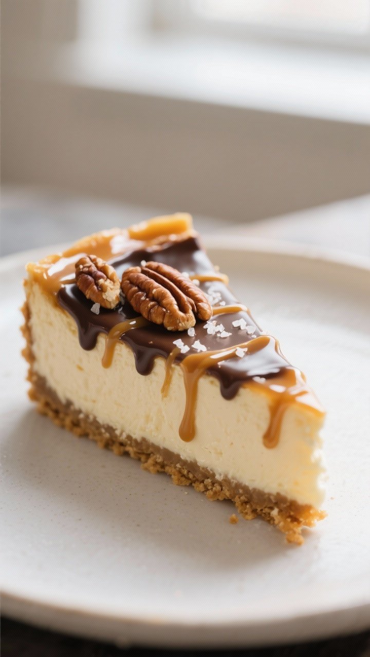 Close-up detail: A slice of Caramel Pecan Turtle Cheesecake just cut, showing silky, creamy cheeseca