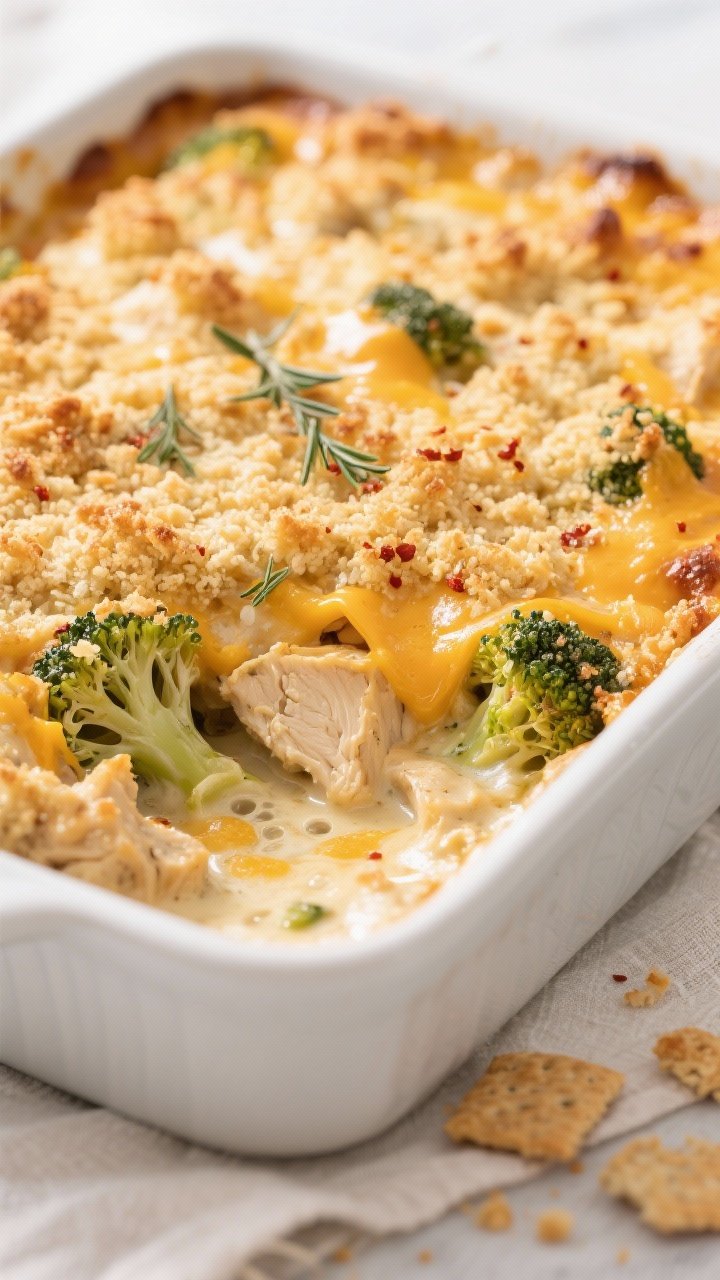 Close-up detail: Golden, bubbling Chicken & Broccoli Casserole just out of the oven, showing crisp, 