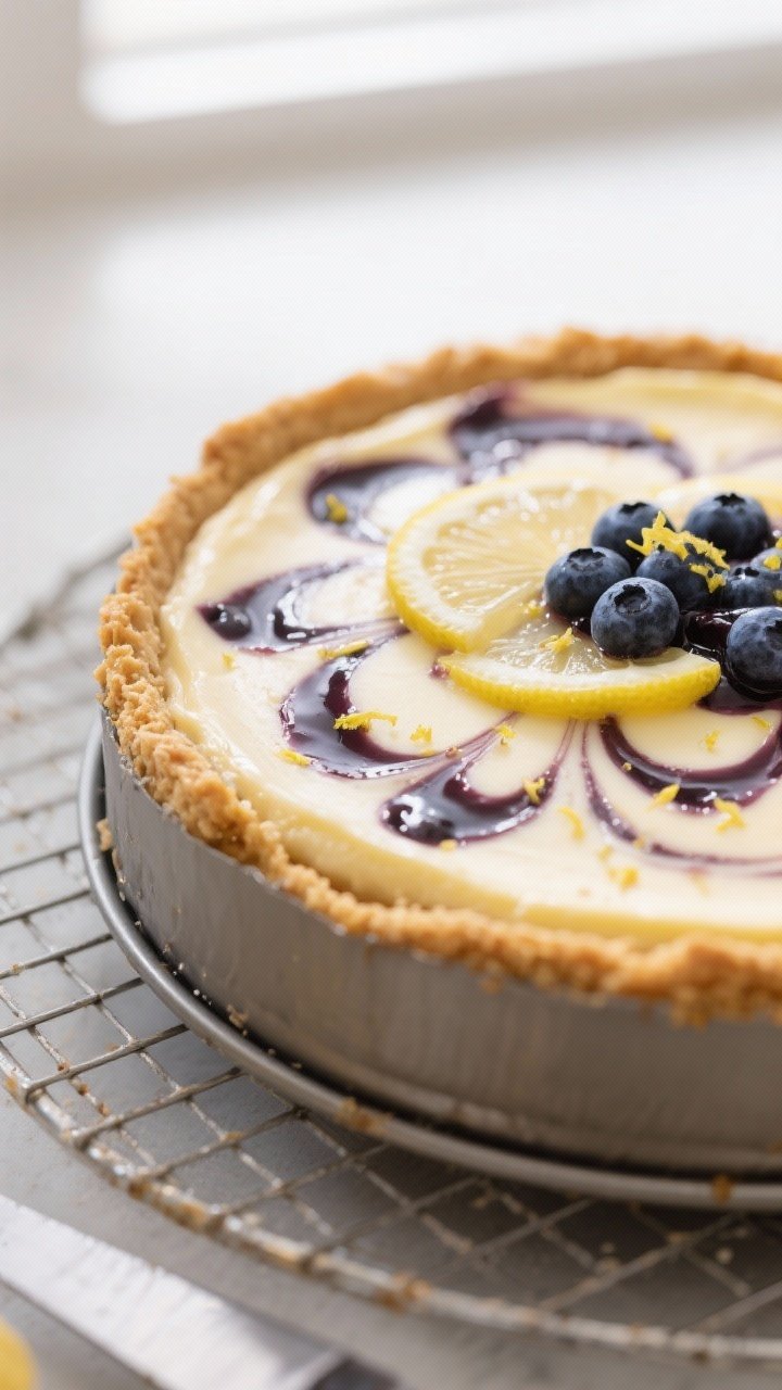 Close-up detail shot of a freshly baked Lemon Blueberry Swirl Cheesecake still in the springform bas