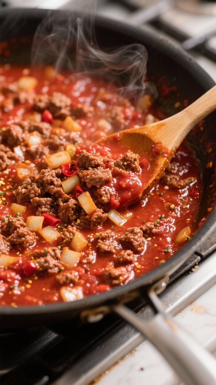 Cooking process, close-up detail: A bubbling skillet of thickened meat sauce with ground beef and di