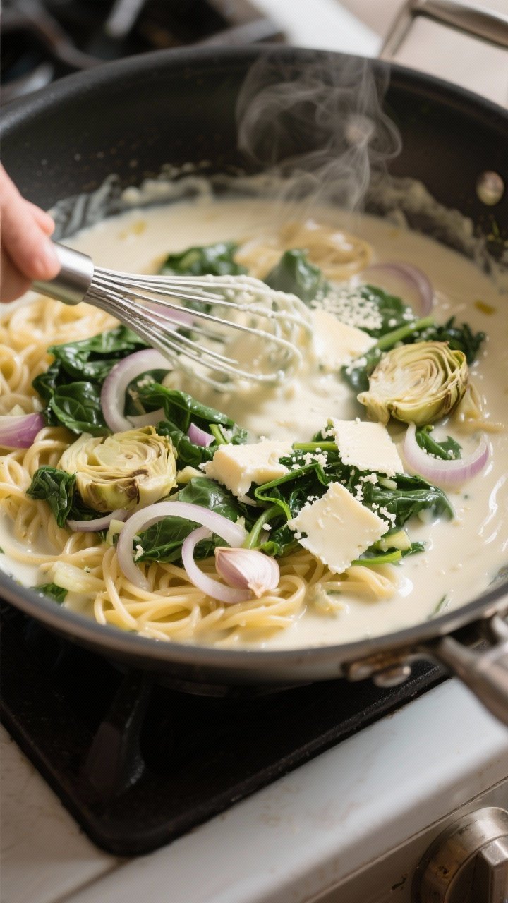 Cooking process: In-pan scene of the sauce-building step in a large skillet—silky, slightly thicke