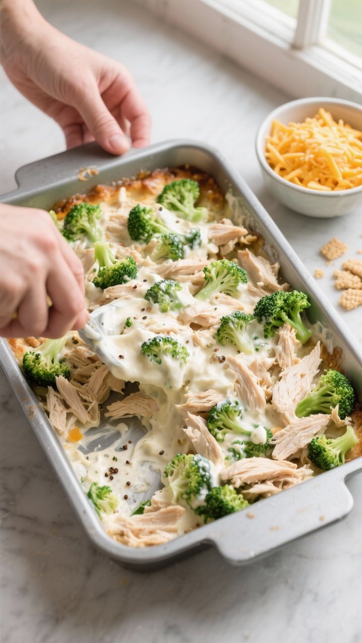 Cooking process: Overhead shot of the casserole mixture being spread evenly into the greased baking 