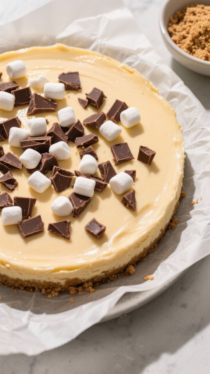 Cooking process: Overhead shot of the cheesecake layer fresh from the oven with set edges and a slig