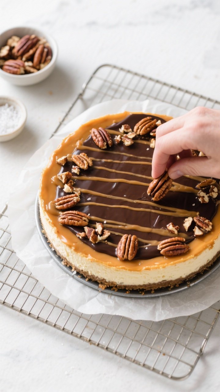 Cooking process: Overhead shot of the fully baked and chilled cheesecake on a wire rack while being 