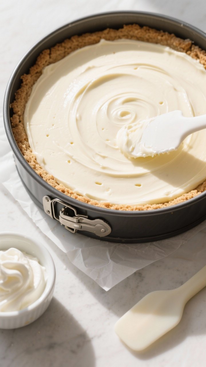 Cooking process: Overhead shot of the springform pan filled and smoothed—shortbread crust set and 