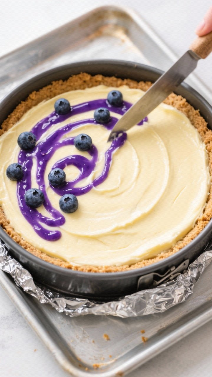 Cooking process shot: Overhead photo of assembly before baking—half the creamy lemon cheesecake ba